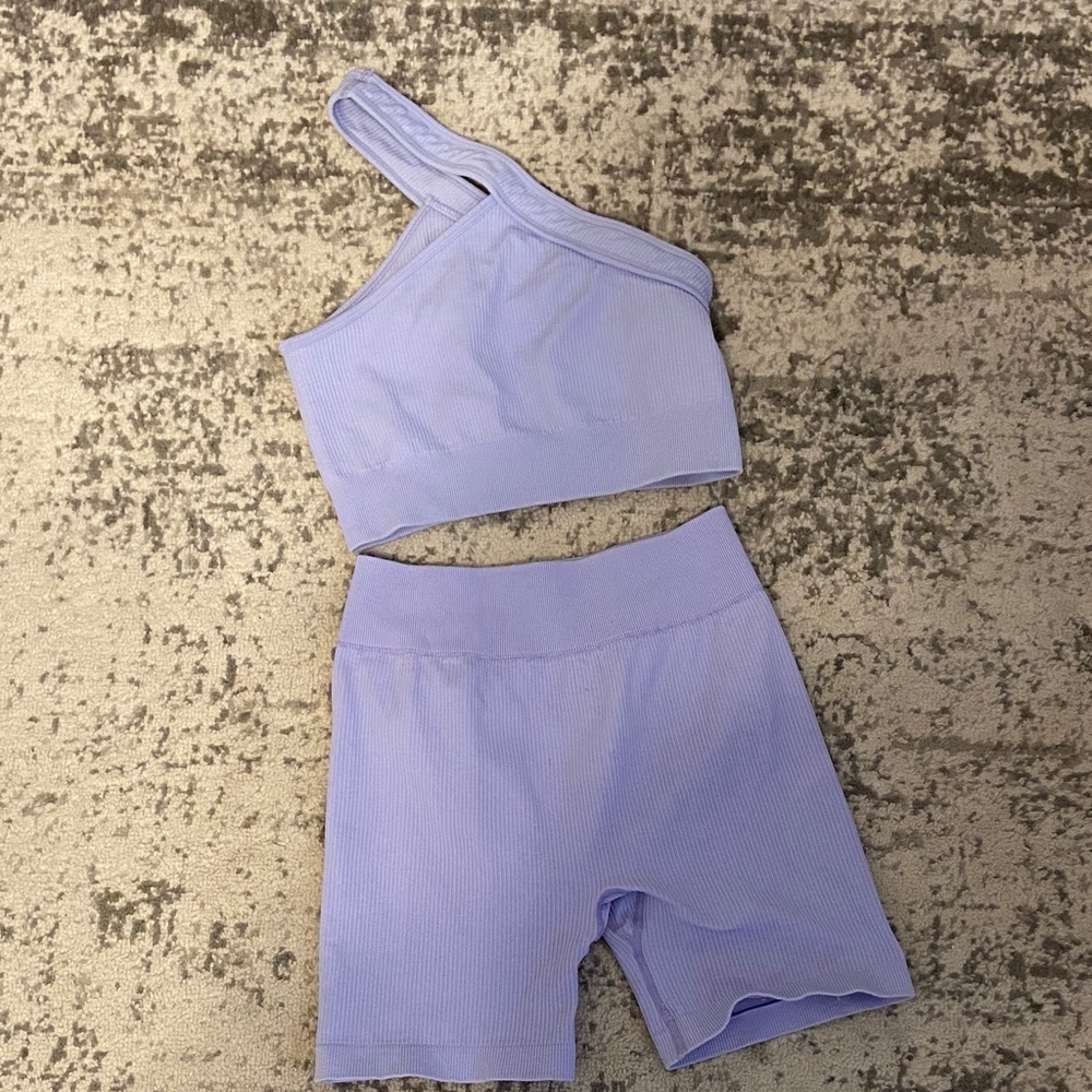 Lavender Ribbed One-Shoulder Crop Top & High-Waist Bike Shorts Set